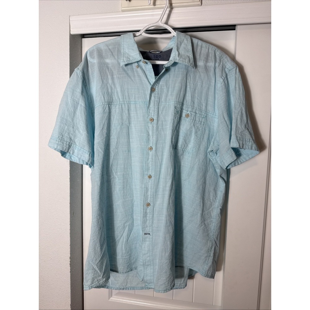 Izod Shirt Mens Large Blue Short Sleeve Button Up Saltwater Fishing Performance